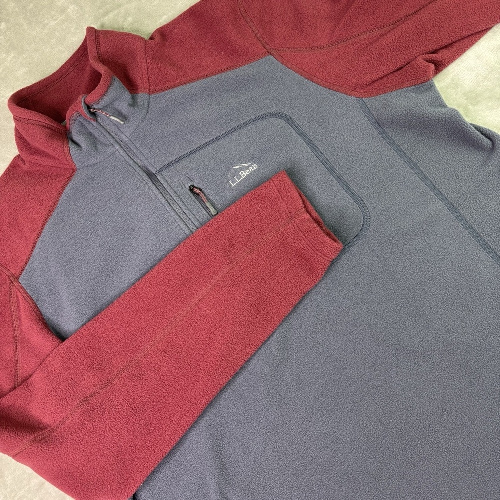 LL Bean Fleece Pullover Mens Large Gray 1/2 Zip Slightly Fitted Blue Long Sleeve